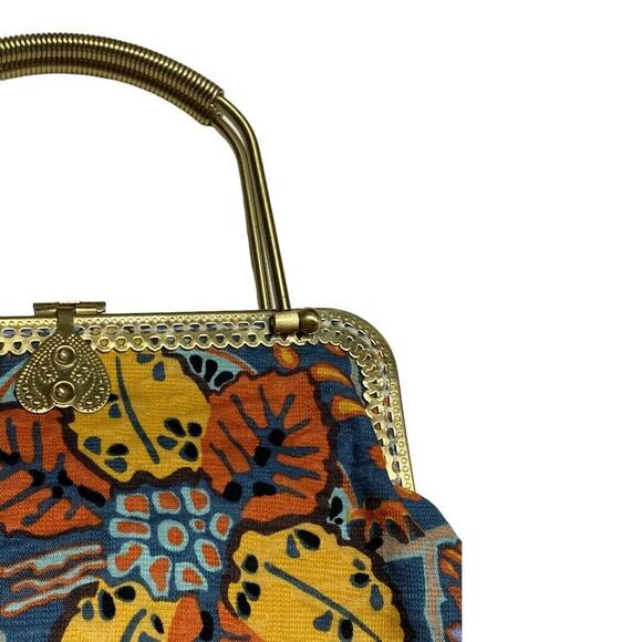 Floral tote Clutch bag purse FLORAL Blue Gold Tone - Picture 4 of 10